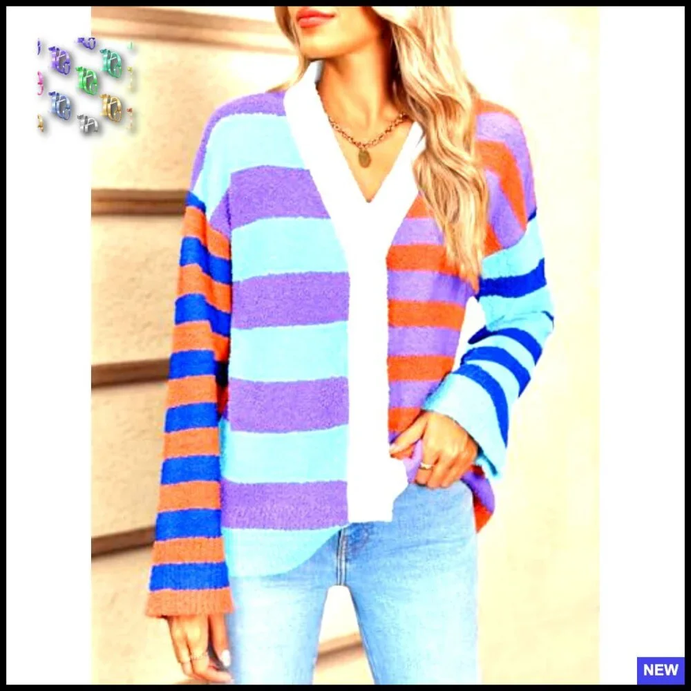 Striped V Neck Cardigan Oversized Fuzzy Knit Drop Shoulder Loose Fit